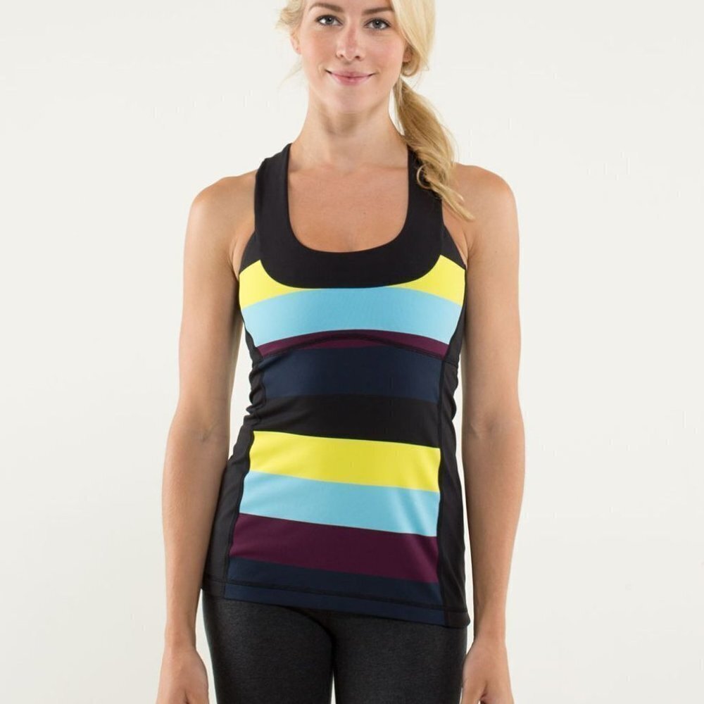 ✅ Lululemon Scoop Neck Tank Pow Stripe SpliT PEA/BLACK Tank Built In Bra SIZE 6